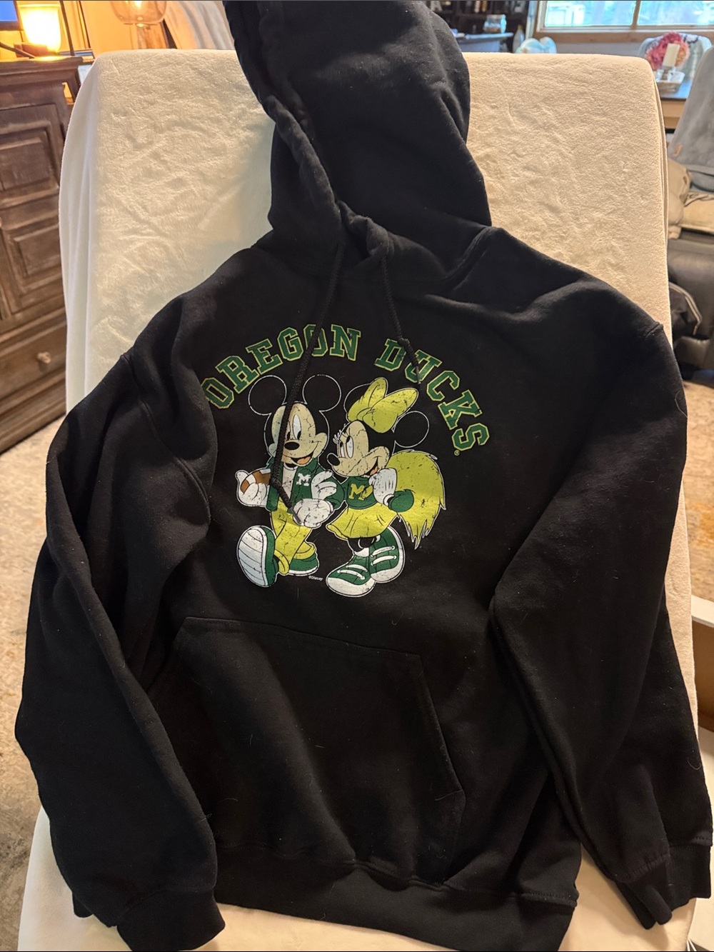 Disney Black Oregon Ducks Crewneck Hoodie with Green & Yellow Graphic